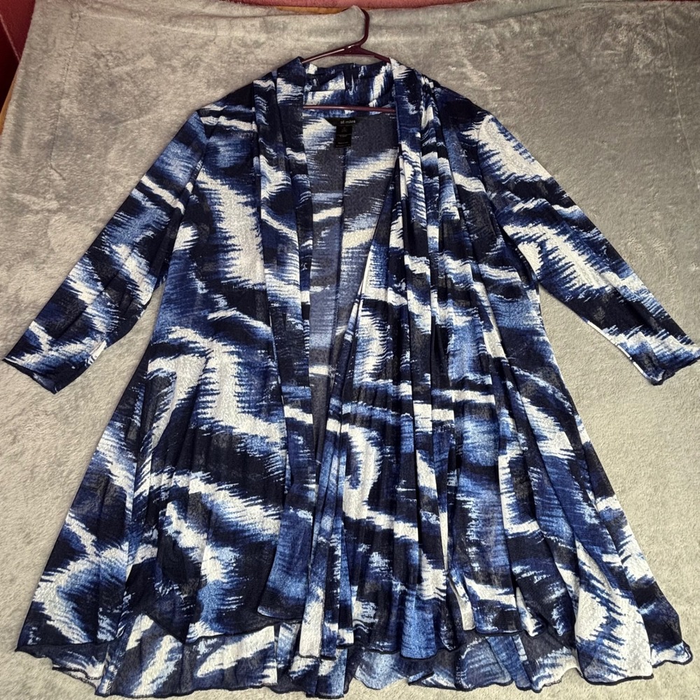 Ali Miles Cardigan Womens XL Blue Abstract Ikat Mesh Open Front Sharkbite Hem